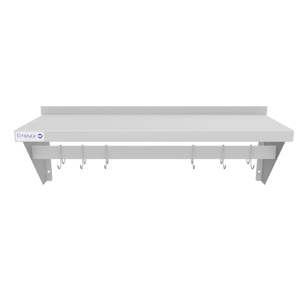 36" Wall-Mounted Pot Rack with Shelf and Galvanized Hooks, 18 Gauge Stainless Steel, NSF