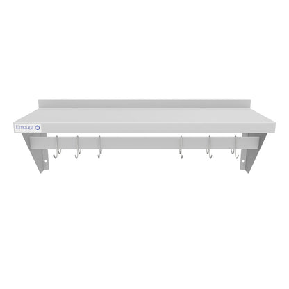 36" Wall-Mounted Pot Rack with Shelf and Galvanized Hooks, 18 Gauge Stainless Steel, NSF