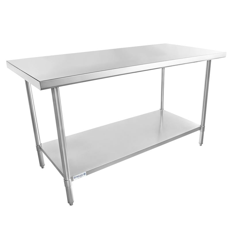 Empura 60" x 30" 16-Gauge 304 Stainless Steel Commercial Work Table with Flat Top plus 430 Stainless Steel Legs and Undershelf