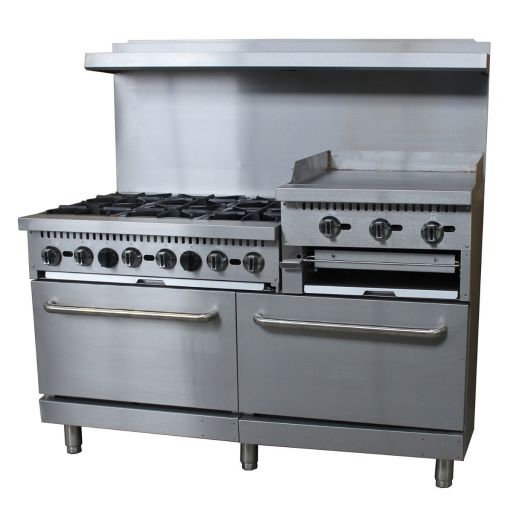 Empura EGR60-GS24_LP Liquid Propane 60" Wide Stainless Steel 6-Burner Gas Range with Elevated 24" Right Side Griddle / Built In Salamander Broiler and 2 Full Sized Standard Ovens - 276,000 BTU